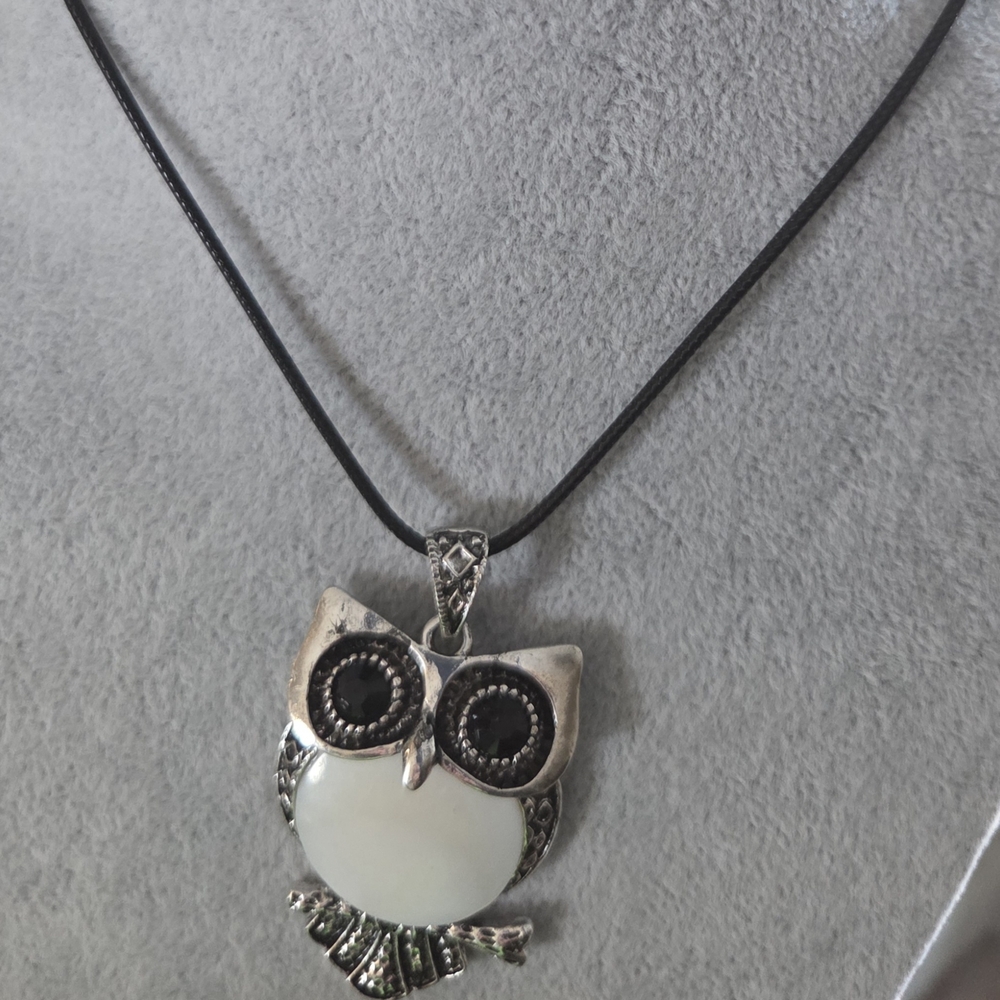 Silver and Black Owl  Sea Shell Pendant Necklace